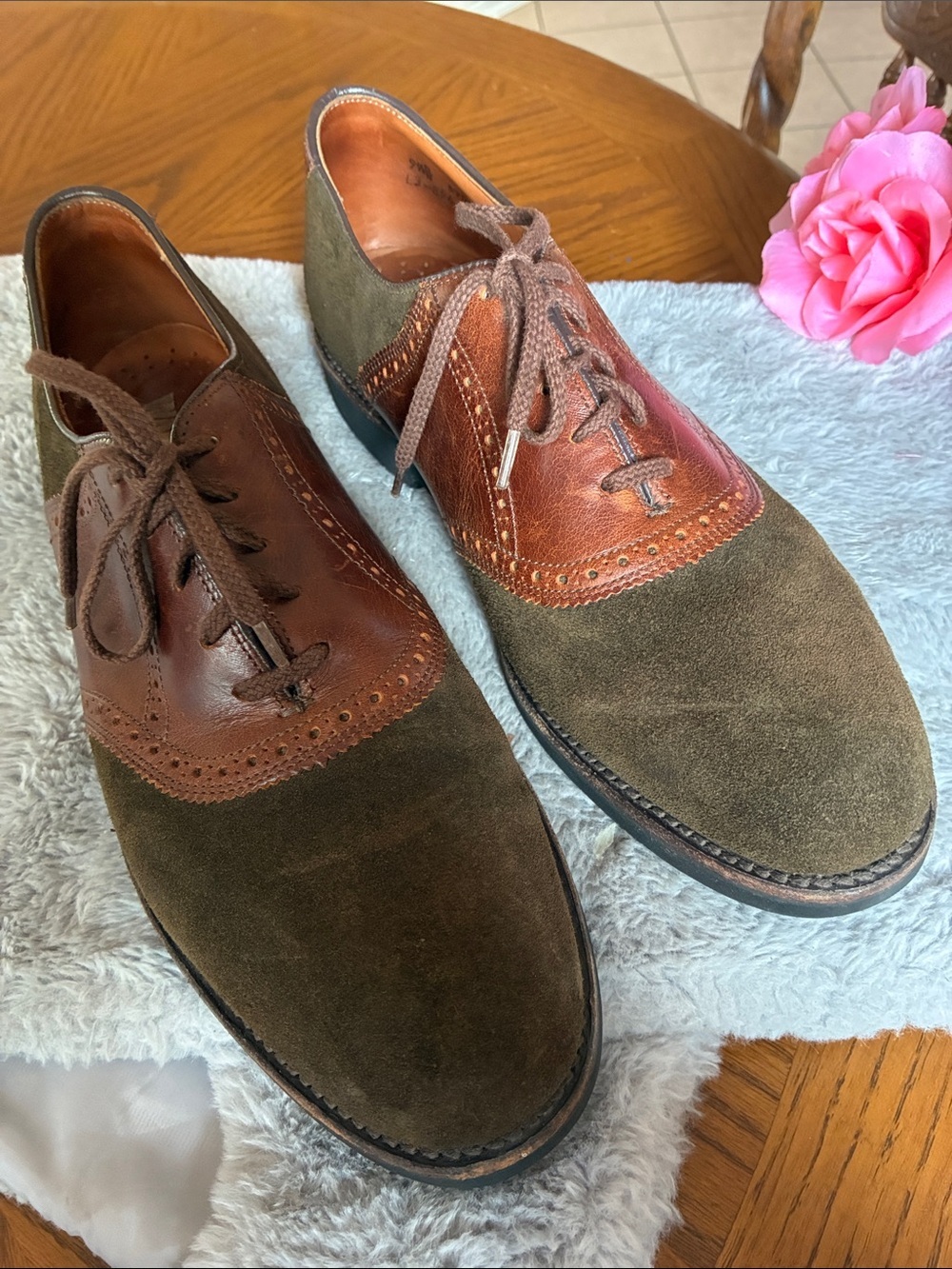 Men's Two-Tone Olive Suede and Brown Leather Wingtip Oxfords